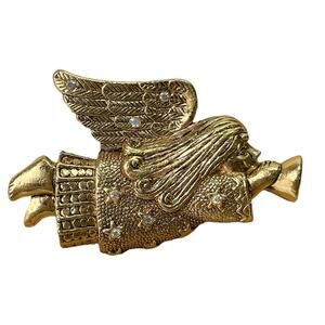 1990s Textured Gold Plate AB White Rhinestone Trumpeting Angel Christmas Brooch